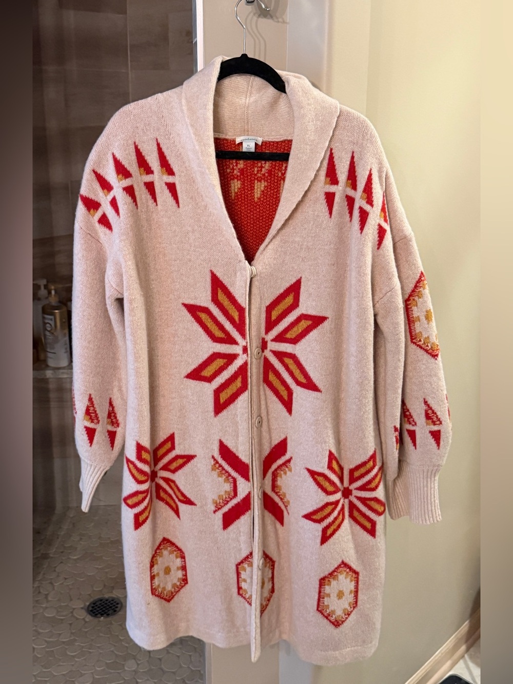 Sundance Tan, Red, Gold Geometric/Aztec Snap-Front Cardigan